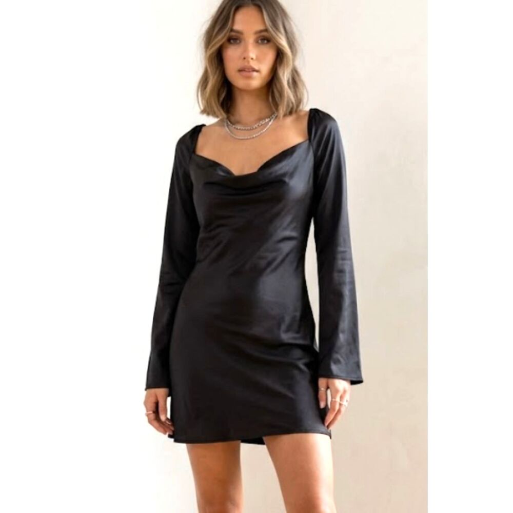 Princess Polly Black Cowl Neck LS Satin Mini Dress - Size US 8 🖤✨